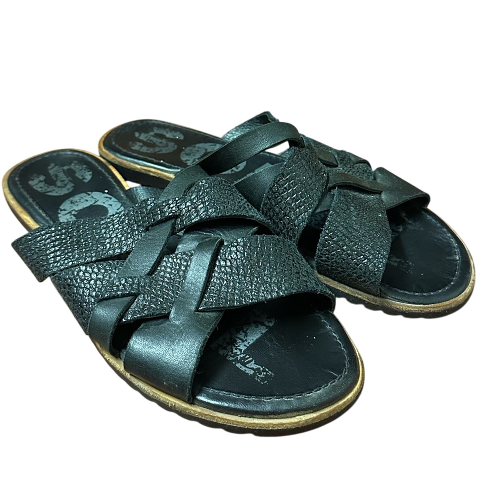 Sorel Ella Woven Leather Slide Sandals Flats Embossed Snakeskin Black Size 7.5